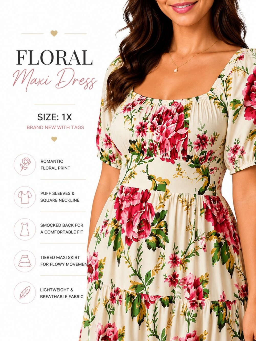 Floral Maxi Dress in Cream with Pink Blooms Size 1X - Picture 2 of 5